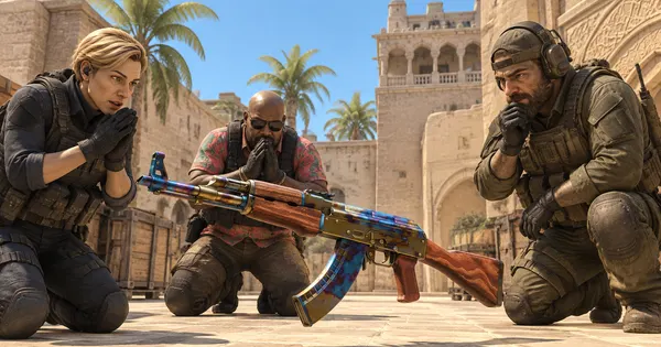 Illustration: three CS2 agents kneel in awe around a blue and gold Case Hardened AK-47 on Mirage A site