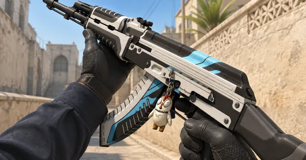 Illustration: gloved hands tilt a white and blue CS2 AK-47 in the inspect pose while a little chicken charm swings from its side, on a sunny CS2 map