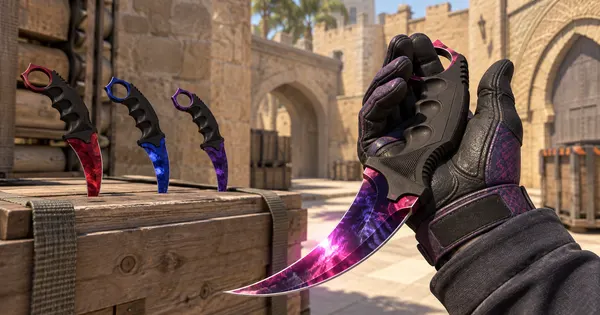 Illustration: a gloved hand holds a pink and purple Doppler Karambit while red, blue and purple Doppler Karambits stand in a crate behind it
