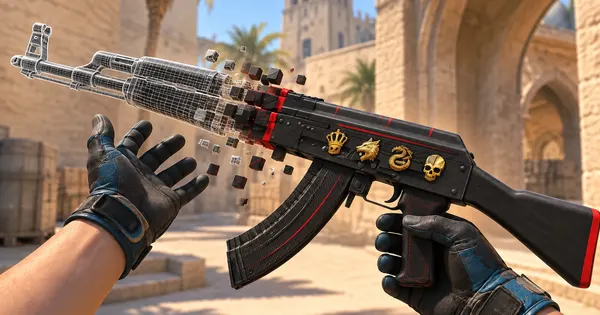 Illustration: gloved hands hold an AK-47 that builds itself from a wireframe, block by block, into a black and red finish with four gold stickers, in a sunny CS2 map
