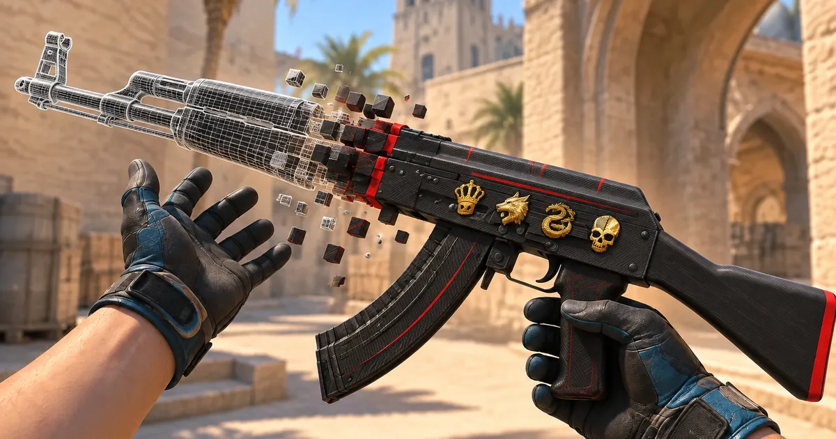 Illustration: gloved hands hold an AK-47 that builds itself from a wireframe, block by block, into a black and red finish with four gold stickers, in a sunny CS2 map
