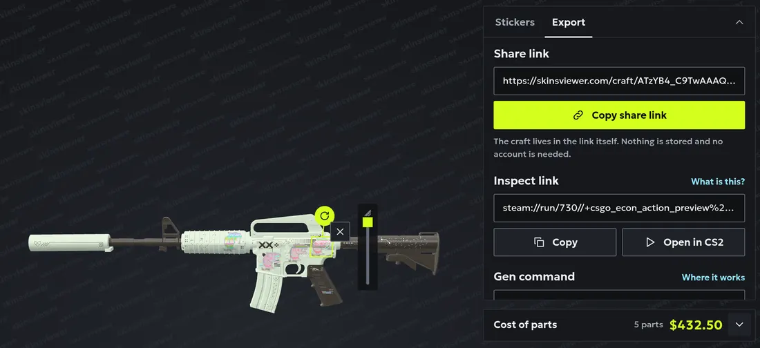 The SkinsViewer builder with an M4A1-S Printstream craft in 3D and the Export tab open, showing the share link and the inspect link with Copy and Open in CS2