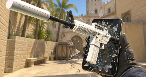 Illustration: an M4A1-S Printstream bursts out of a phone screen held in a gloved hand, as if a shared link just opened
