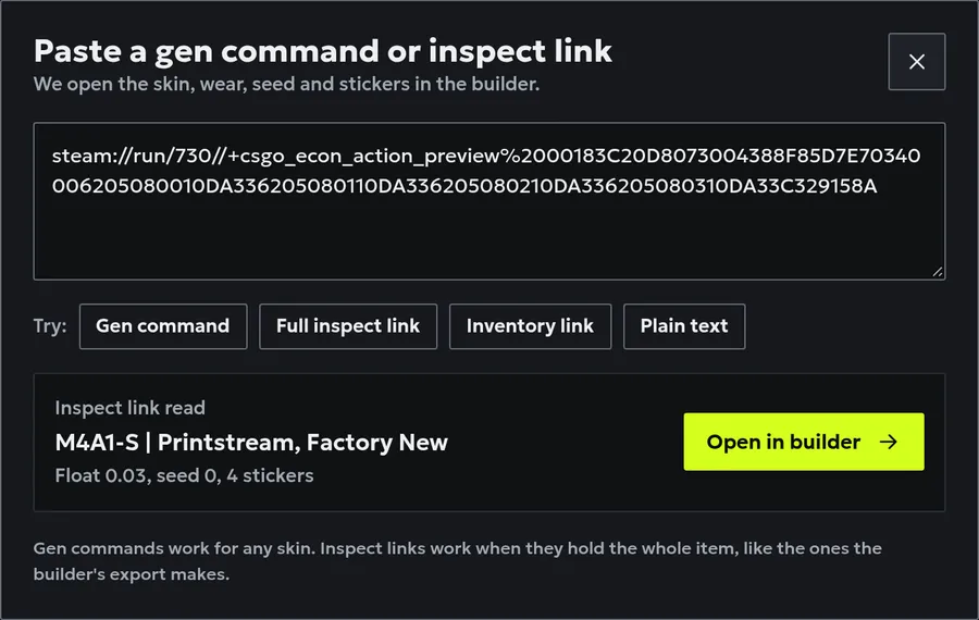 The SkinsViewer paste dialog after reading a masked inspect link, with the M4A1-S Printstream it found and an Open in builder button