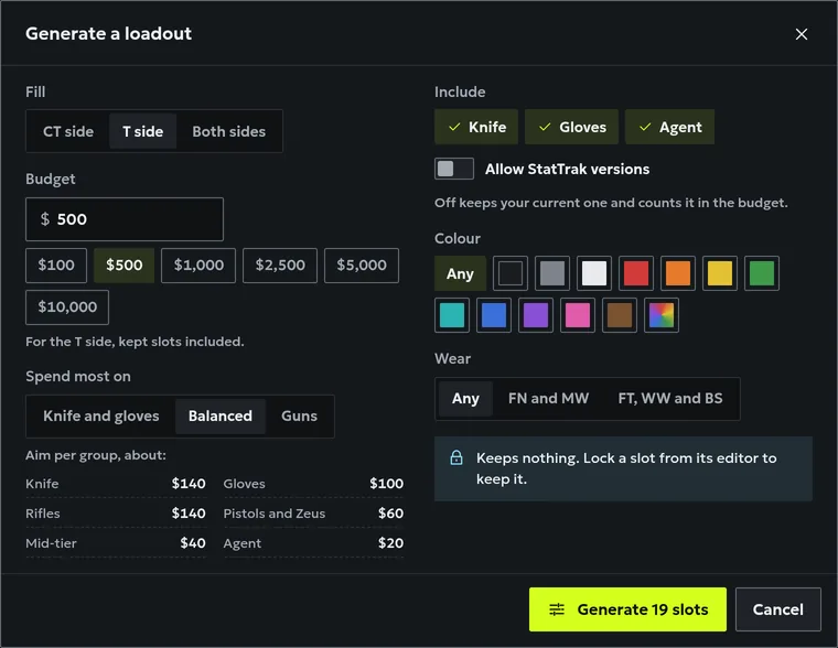 The Generate dialog set to a $500 budget for the T side, with colour, wear and spend settings