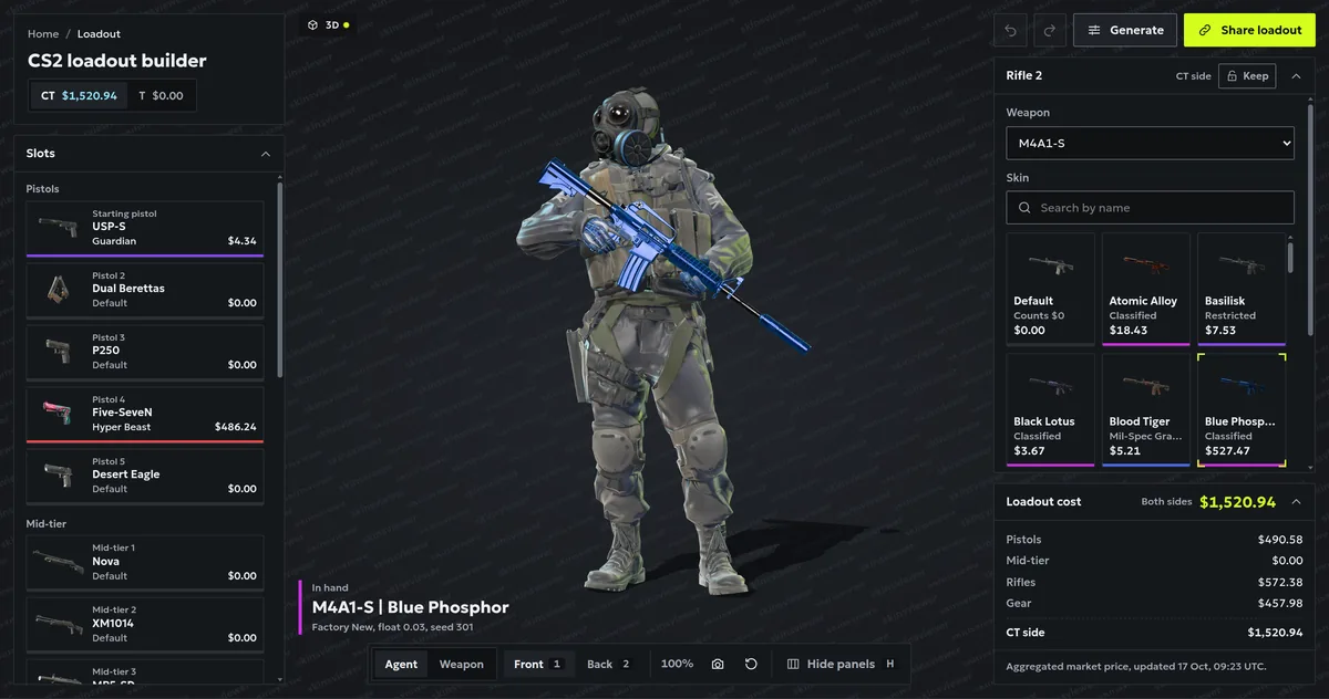 The CS2 loadout builder: slots on the left, the agent holding an M4A1-S in 3D, the skin picker and the cost on the right