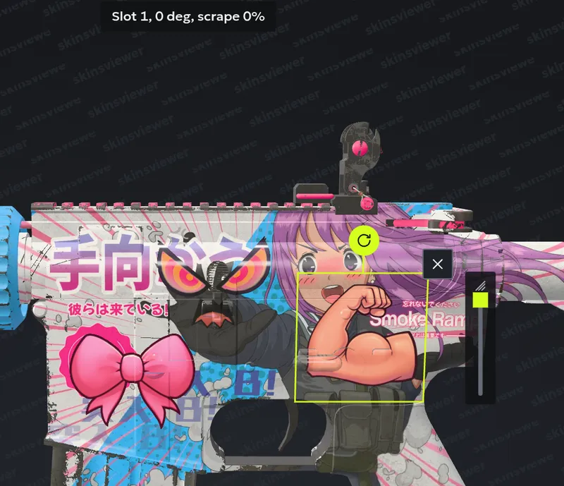 A selected sticker on the M4A4 Temukau in 3D with its frame, round rotate handle, remove button and upright scrape bar