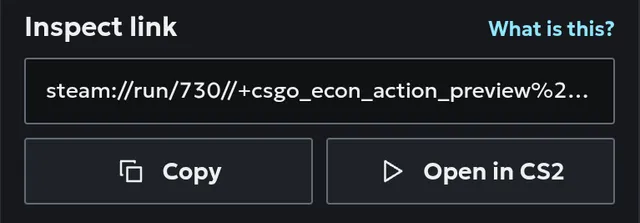 The Export tab with the craft's inspect link, a Copy button and an Open in CS2 button