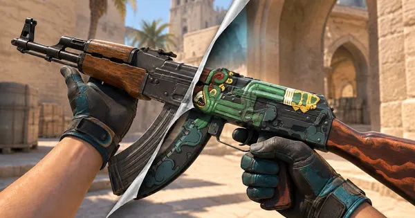 Illustration: gloved hands hold an AK-47 whose bare finish peels away like a sticker to show a Fire Serpent finish, in a sunny CS2 map