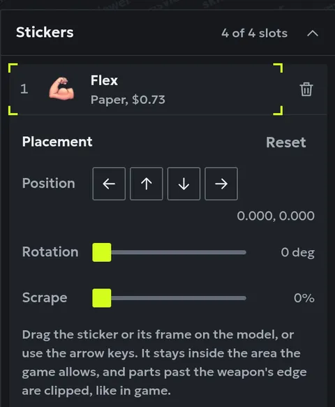 The Stickers panel with the selected sticker's position buttons, rotation slider and scrape slider
