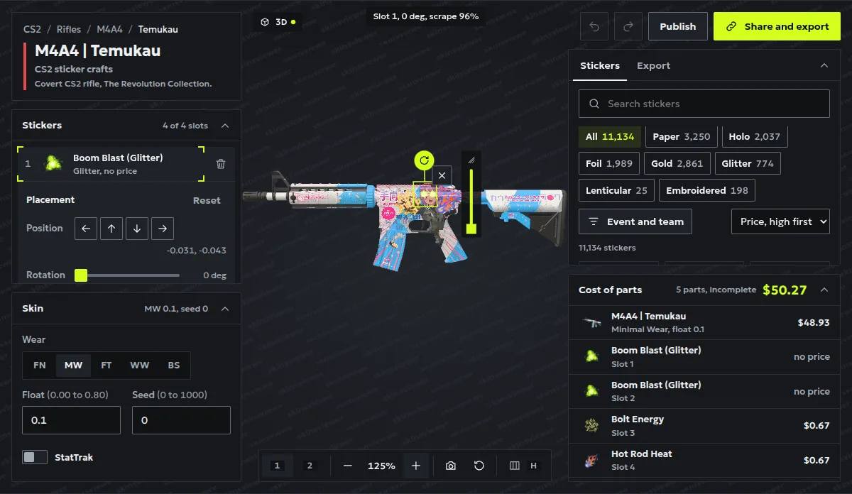 The SkinsViewer builder on the M4A4 Temukau: sticker slots on the left, the 3D gun in the middle, the sticker picker and the cost of parts on the right